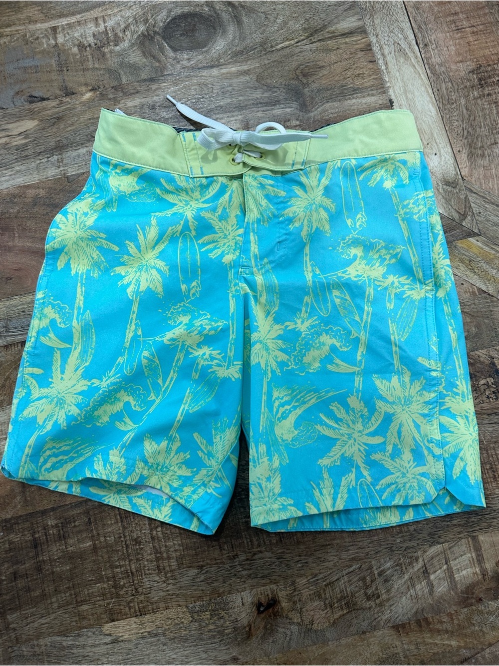 art class Turquoise and Yellow Palm Print Boys Swim Trunks